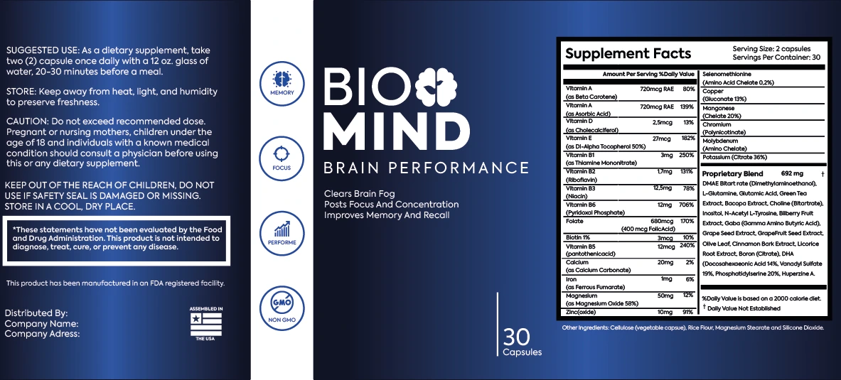 BioMind Supplement Facts Label